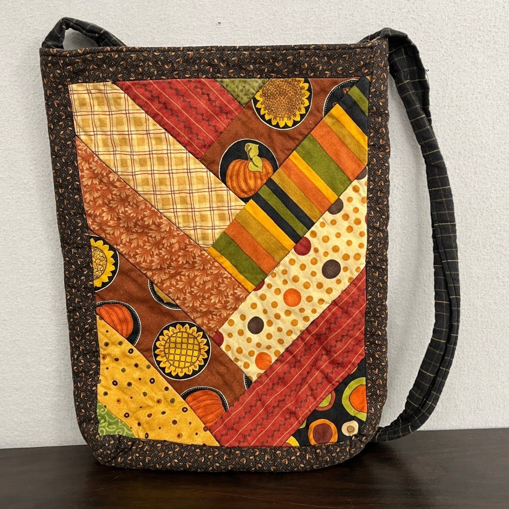 Handmade Quilted Patchwork Book Tote Bag Fall Harvest Pumpkin Sunflower Brown